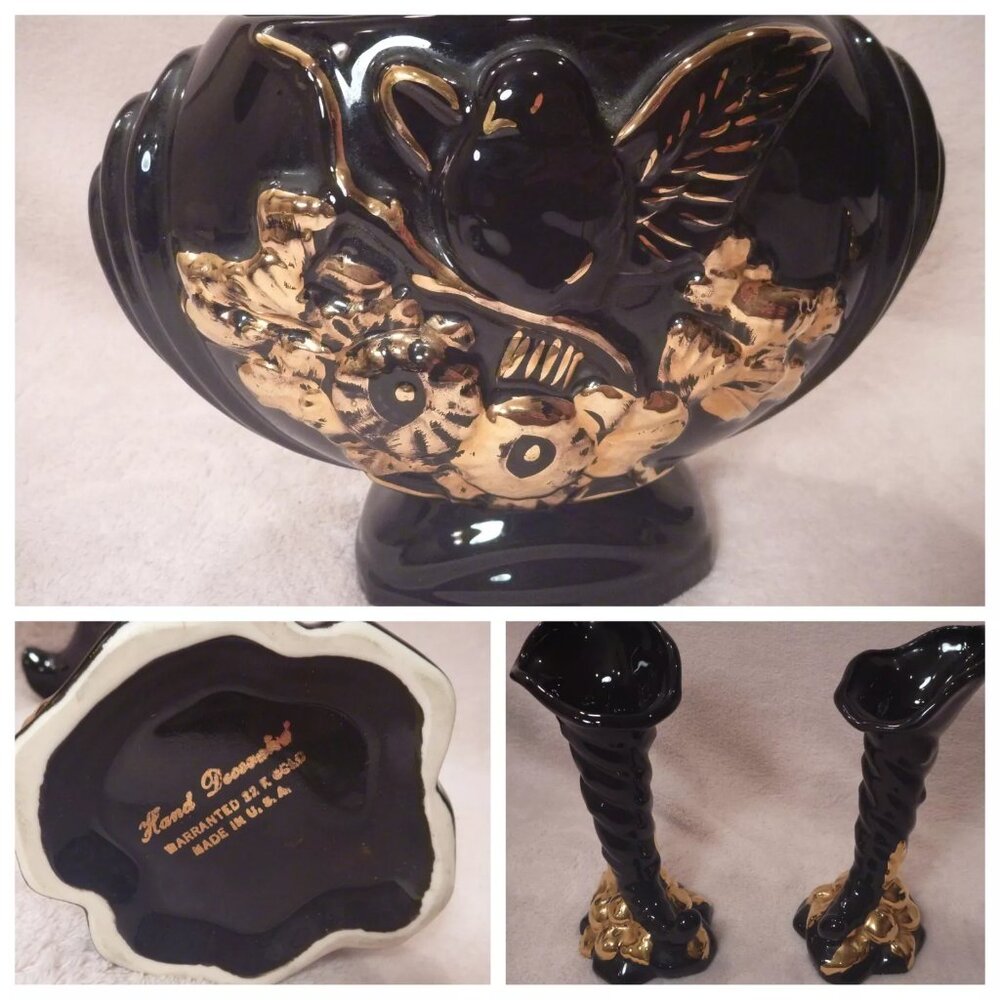 Art Pottery Vintage Lot Set Black Vases 22k Gold Floral Handmade Ceramic USA